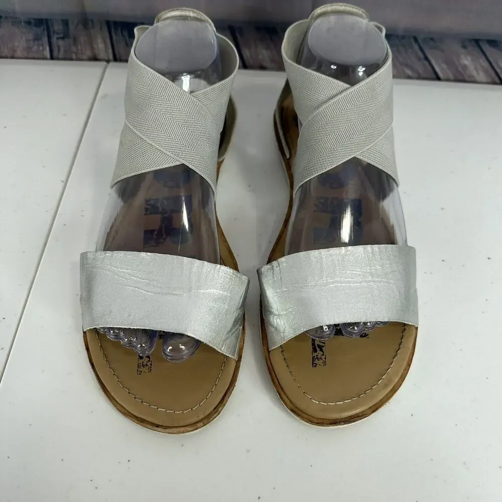 Sorel Sandals Womens 9.5 Silver Cross Strap Flat‎ Slip On Leather Ella